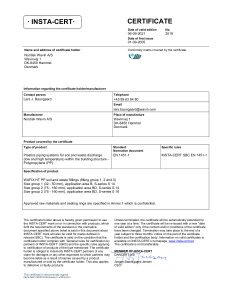 Godkendelse - No. 2019 - Wavin WAFIX PP fittings. Group 1 and 2