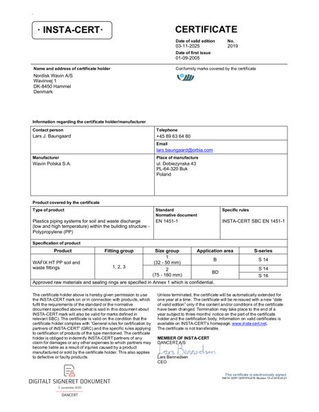 Godkendelse - No. 2019 - Wavin WAFIX PP fittings. Group 1 and 2