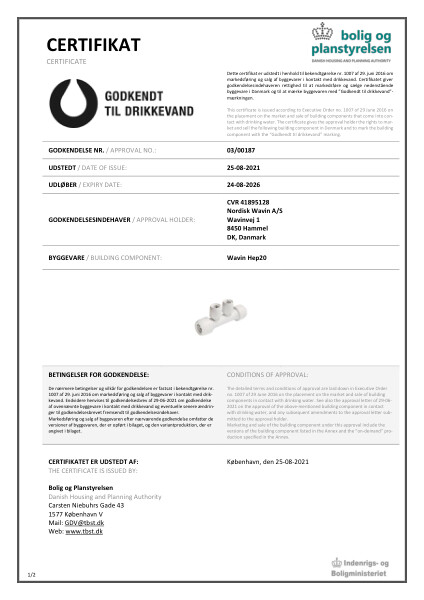 Godkendelse - No. 03/00187 - Godkendt til drikkevand - Wavin Hep2O