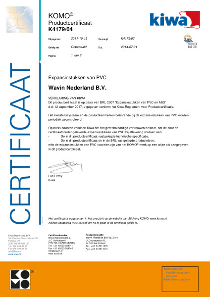 Certificaat KOMO K4179/04 Expansiestukken van PVC