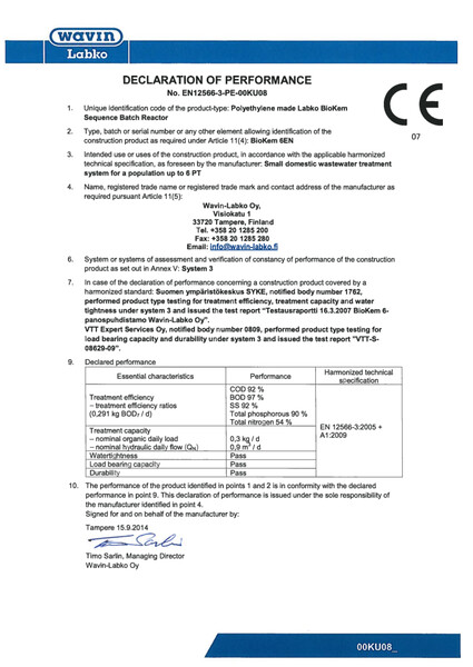 Declaration of Performance (DoP) - No. EN12566-3-PE-00KU08 - BioKem 6 EN