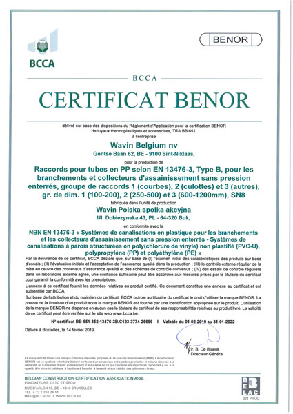 Certificat BENOR PP EN 13476-3 composants C1, C2 et C3 valable au 31.01.2022