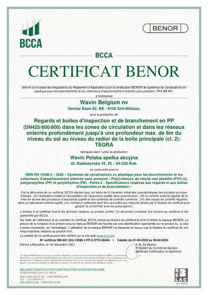 Certificat BENOR PP EN 13598-2 Regards et boîtes d'inspection et de branchement en PP Tegra DN425/600/800 BUK - Valable au 30-04-2023