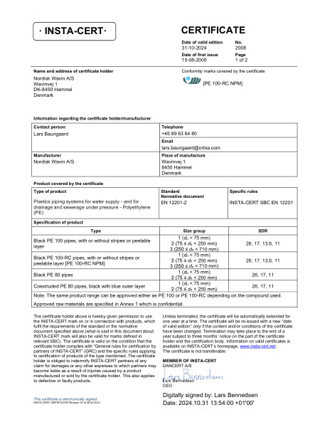 Godkendelse - No. 2008 - Blå og sorte PE80 og PE100 trykrør og fittings - incl. PE SafeTech og PEPlus