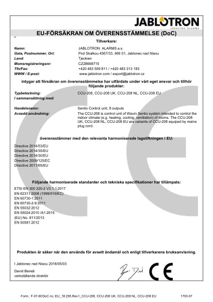 Försäkran om överensstämmelse (DoC) - Sentio control unit 8 outputs CU 208, CCU 208 UK, CCU 208 NL, CCU 208 EU