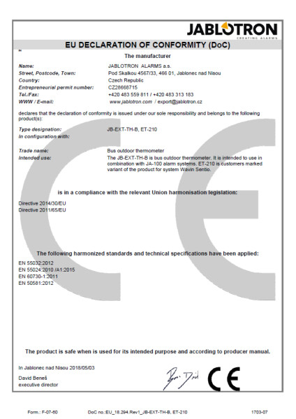 Declaration of conformity - Bus outdoor thermometer JB-EXT-TH-B, ET-210