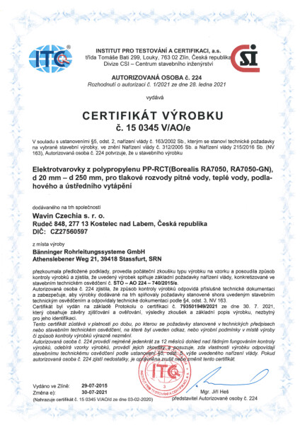 Certifikát Elektrotvarovky z PP-RCT