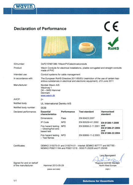 Ydeevnedeklaration - Wavin Conduits for electrical installations, pliable corrugated and straight conduits made of PVC