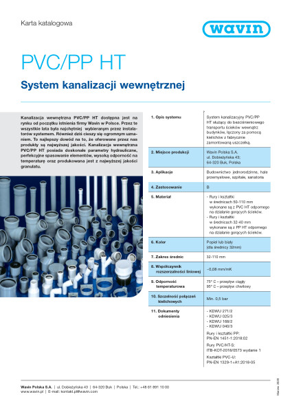 Karta katalogowa PVC/PP HT System kanalizacji wewnętrznej