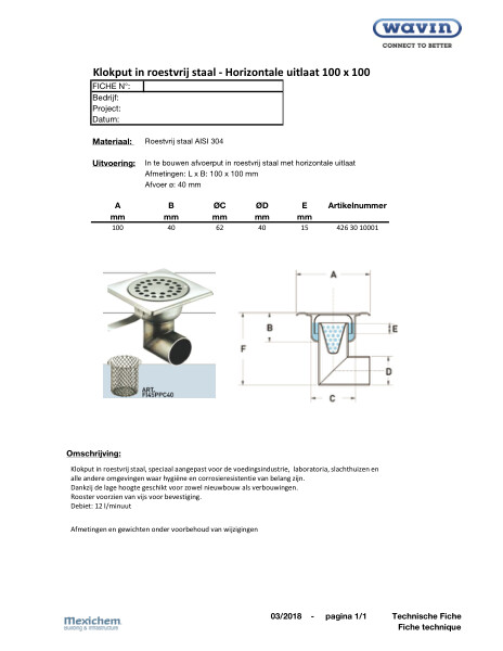 Klokput in roestvrij staal - Horizontale uitlaat / siphon de cour en inox sortie horizontale 100x100