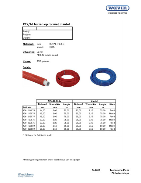 Technische fiche / Fiche technique PEX/AL buizen op rol met mantel / Tuyaux PEX/AL en gaine en rouleau