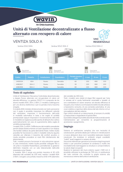 Unità di Ventilazione decentralizzate a flusso alternato con recupero di calore Wavin Ventiza SOLO A 1