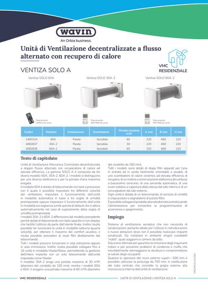 Unità di Ventilazione decentralizzate a flusso alternato con recupero di calore Wavin Ventiza SOLO A