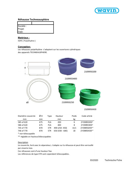 Fiche technique Pièces de rehausse pour Séparateur à graisses