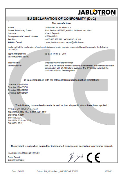 Declaration of conformity - Wireless outdoor thermometer JB-EXT-TH-R, ET-250