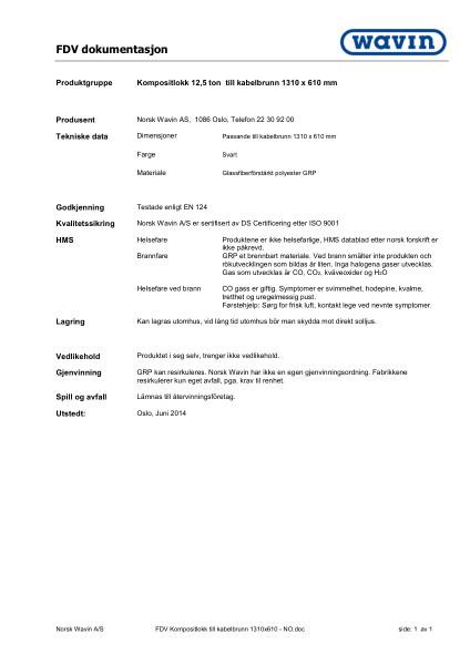 Wavin FDV Kompositlokk 12,5 tonn til kabelkum 1310x610 mm