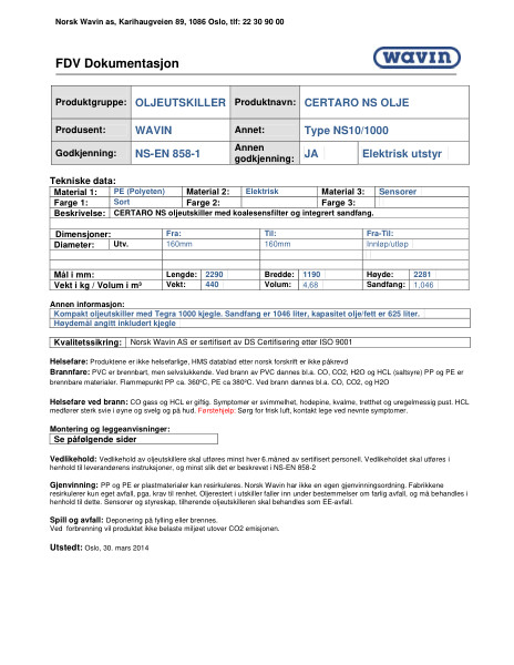 FDV Certaro Oljeutskiller NS Olje NS10/1000