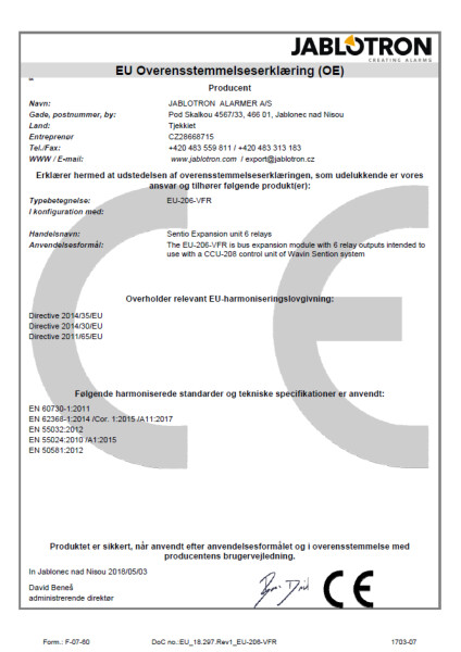 Overensstemmelseserklæring - Sentio expansion unit 6 relays EU-206-VFR