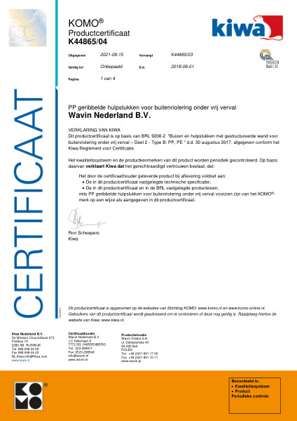 Certificaat KOMO K44865/04 PP geribbelde hulpstukken voor buitenriolering onder vrij verval