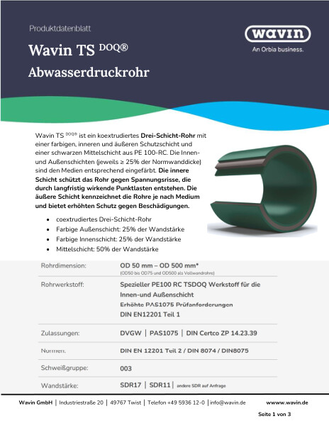 Produktdatenblatt Wavin TS DOQ Abwasser