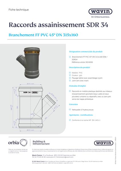 Fiche technique SDR34 Branchement FF PVC 45° DN 315x160_062025