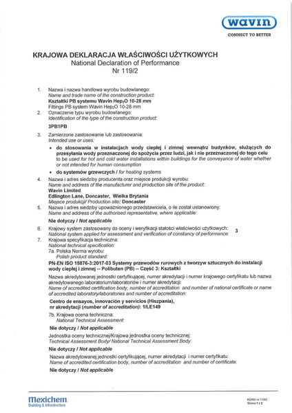 Krajowa Deklaracja Właściwości Użytkowych Nr 119/2 - Kształtki PB systemu Wavin Hep2O 10-28mm - 9.05.2017 - 8.01.2018