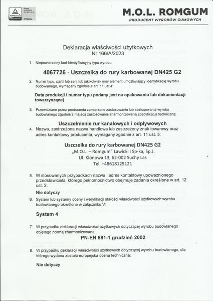 Deklaracja Właściwości Użytkowych 4067726 Uszczelka_425 G2
