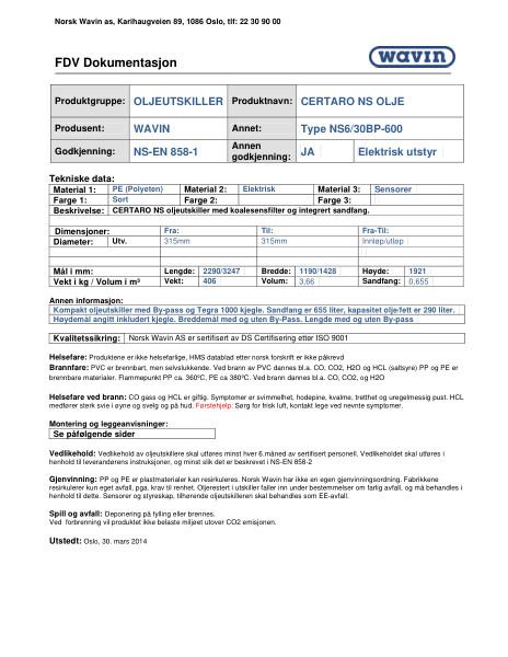 FDV Certaro Oljeutskiller N5 Olje Type NS6/30 BP 400