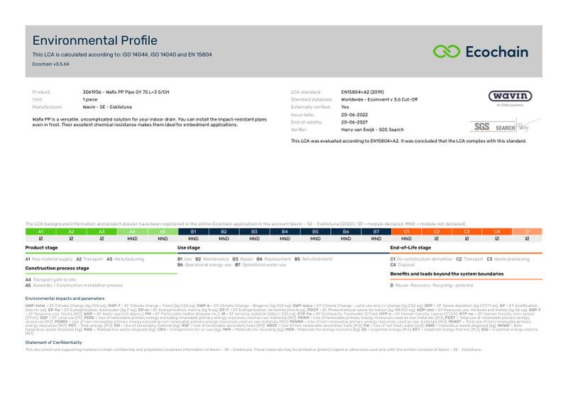 Wavin - SE - Eskilstuna-3061956 - Wafix PP Pipe GY 75 L3 SCH-2020-environmental-profile 2023-01-16 1232