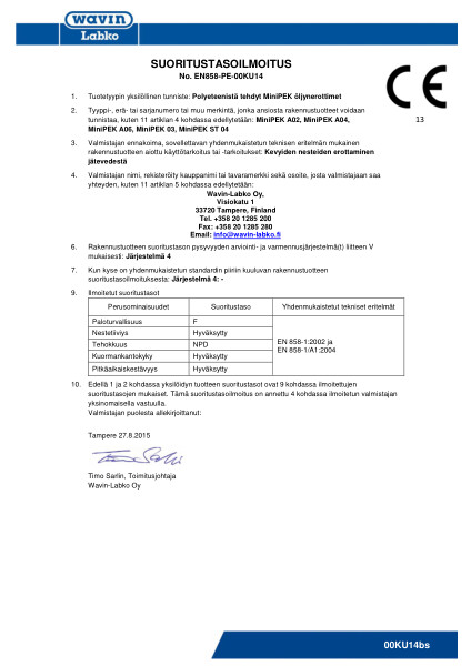 Suoritustasoilmoitus (DoP) - No. EN858-PE-00KU14bs - MiniPEK A02, A04, A06, 03, ST 04