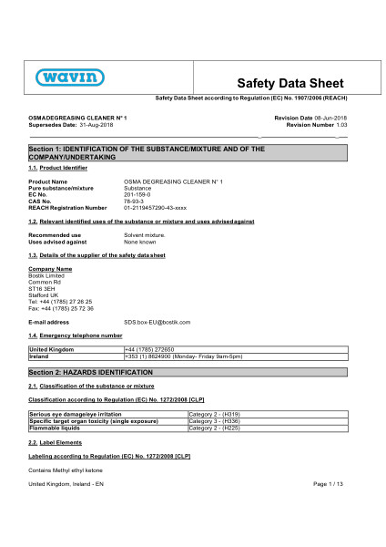 MSDS - Degreasing cleaner No.1