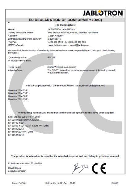 Declaration of conformity - Sentio wireless room sensor RS-251