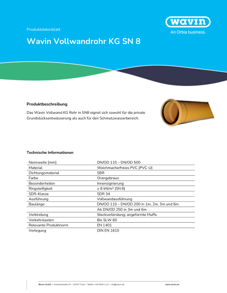 Produktdatenblatt Wavin KG SN 8