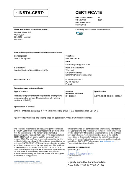 INSTA-CERT - No. 2084 - WAFIX PP fittings