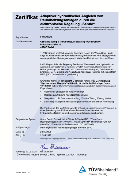 TÜV Zertifikat Hydraulischer Abgleich mit Wavin Sentio für statische Heizkörper
