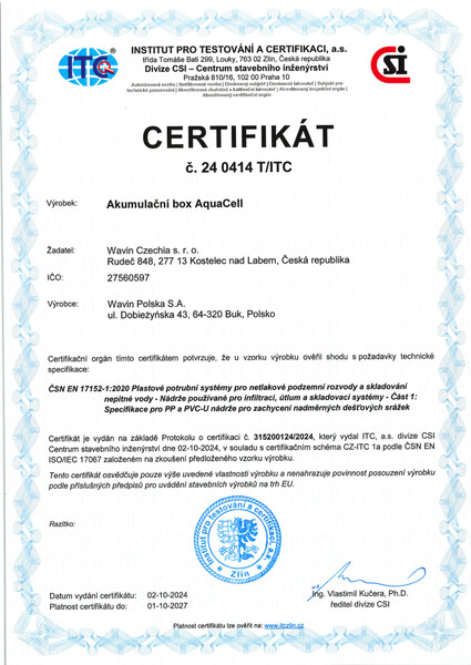 Certifikát Akumulační box AquaCell 