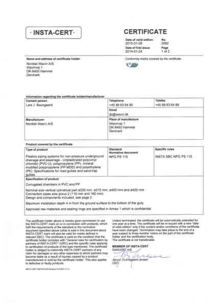  Godkendelse - No. 2082 - Korrugerede tagnedløbsbrønde og rendestensbrønde i PVC og PP