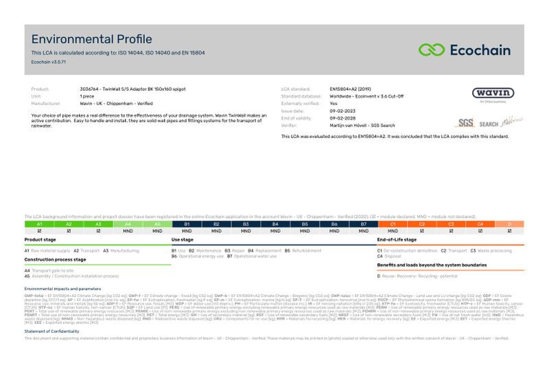 Wavin - UK - Chippenham - Verified-3036764 - TwinWall SS Adaptor BK 150x160 spigot-2020-environmental-profile 2023-04-24 1343