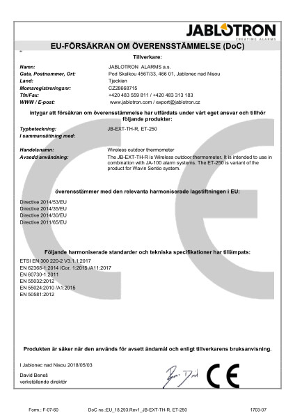 Försäkran om överensstämmelse (DoC) - Wireless outdoor thermometer JB-EXT-TH-R, ET-250