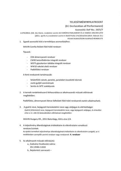 TNy Comfia CD4, CW90, WD75, WW10, padlófűtési rendszer