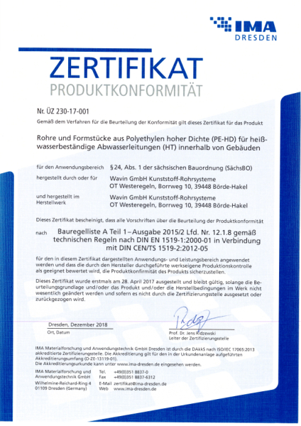Zertifikat Produktkonformität Rohre und Formstücke aus Polyethylen hoher Dichte Abwasserleitungen (HT)