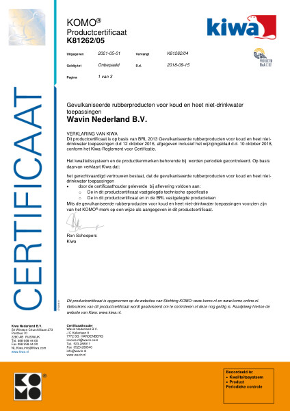 Certificaat Kiwa K81262/05 Gevulkaniseerde rubberproducten voor koud en heet niet-drinkwater toepassingen