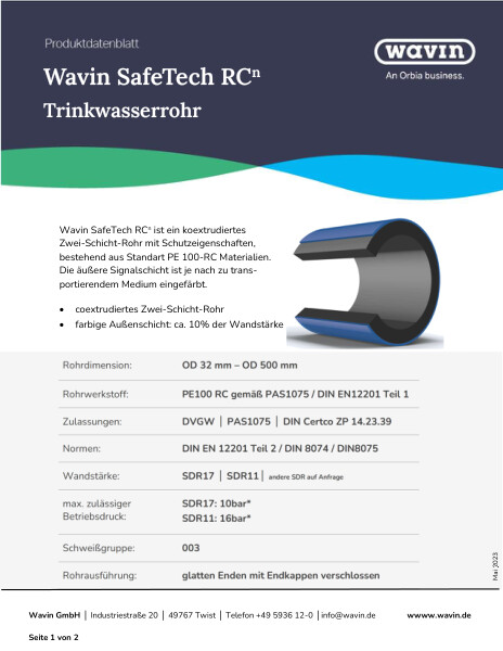 Produktdatenblatt Wavin SafeTech RCn Trinkwasser