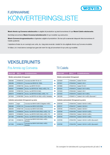 Konverteringsliste - fra Amnis-Convena til Calefa mm.