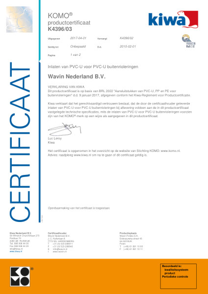 Certificaat KOMO K4396/03 Inlaten van PVC-U voor PVC-U buitenrioleringen (Knevelinlaten)