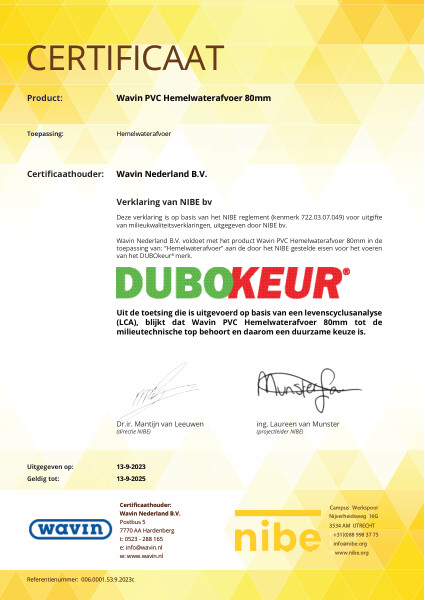 Certificaat DUBOkeur Wavin PVC hemelwaterafvoer Ø80mm - Geldig tot 13-9-2025