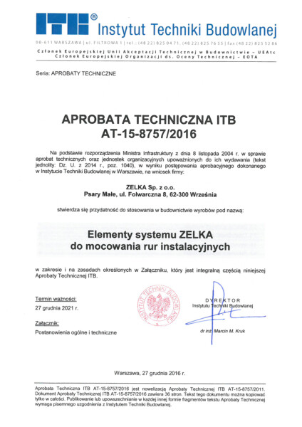 Aprobata techniczna ITB AT-15-8757/2016 Elementy do mocowania rur