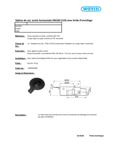 Fiche technique Siphon de sol, sortie horizontale DN100 (110) avec bride d’encollage