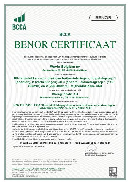 Certificaat BENOR PP EN 1852 Hulpstukken D1 en D2 SN8 Niederhasli - Geldig van 10.02.2023 tot 09.02.2026