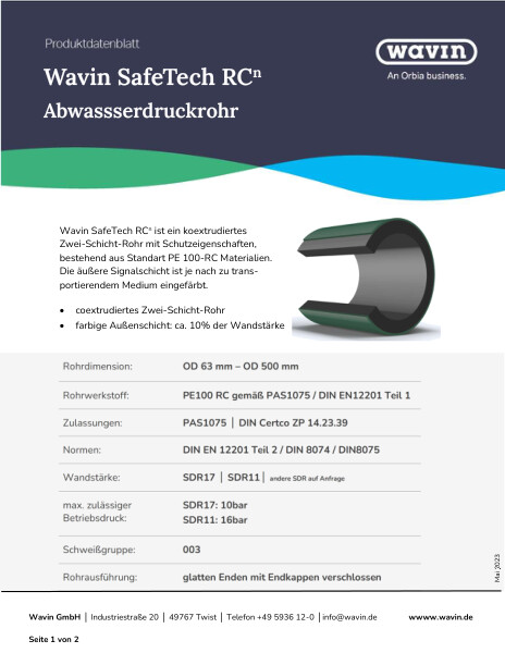 Produktdatenblatt Wavin SafeTech RCn Abwasser